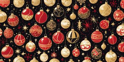 The primary subject of the image is a collection of Christmas ornaments, which are displayed in various shapes and sizes. The ornaments are hanging from a string, creating a festive and colorful scene. The setting is a Christmas tree, which serves as the background for the ornaments. The visual style of the image is a combination of digital art and illustration, giving it a unique and creative appearance. The colors and mood of the image are predominantly red and gold, which are associated with Christmas and holiday celebrations